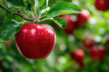 Ripe red apple with water drops hanging on a branch in an orchard