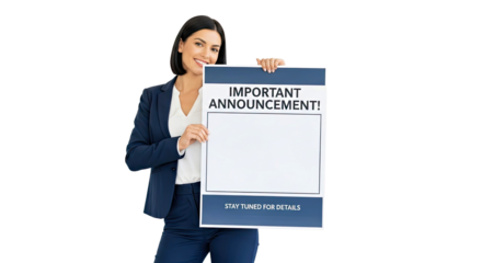 Important Announcement : A composed professional woman confidently displays a sign, its surface bearing the phrase IMPORTANT ANNOUNCEMENT!  Her attire exudes professionalism as she engages the viewer.