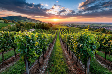 Fototapeta premium Sunset over lush green vineyard rows and distant village