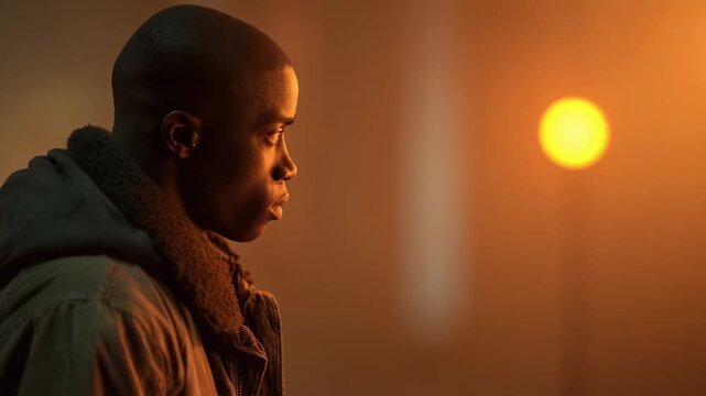 A man in a heavy jacket stands in a warm, sunset-lit scene, looking pensively to the side with soft orange bokeh in the background.