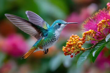 Obraz premium Vibrant Hummingbird in Flight Near Pink and Orange Blossoms