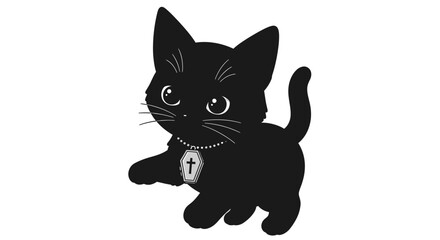 Charming illustration of a sleek black cat wearing a coffin necklace on a white background for