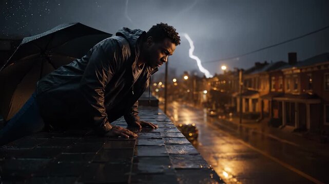 Man climbs wet rooftop during rain at night. Urban athlete moves across building ledge in city. Parkour on rooftop with umbrella during rain. Night climb in urban setting. Man on wet ledge.