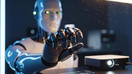 Humanoid robot reaches forward with mechanical hand at office desk. Android demonstrates hand gesture using AI technology. Robot extends hand at desk. Humanoid shows reaching gesture with hand.