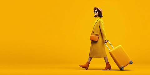 Stylish Woman Traveling with Yellow Suitcase on Vibrant Background