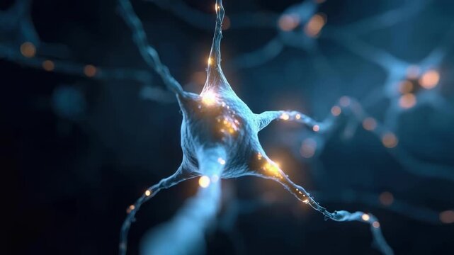 Neurons with glowing synapses in the brain, a close-up view of neural networks.