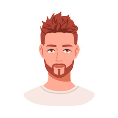 Man face avatar. Handsome young male character with styled tousled hair, neat beard and mustache. Groomed person, user profile, head portrait. Flat vector illustration isolated on white background