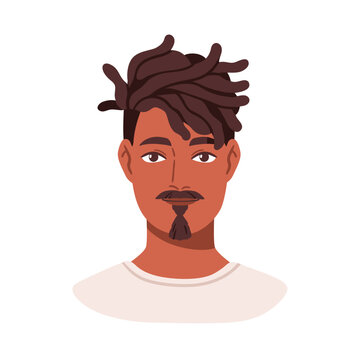 Man, face avatar, head portrait. Handsome young male character with short dreadlocks, goatee beard. Person with hair locs, user profile. Flat vector illustration isolated on white background