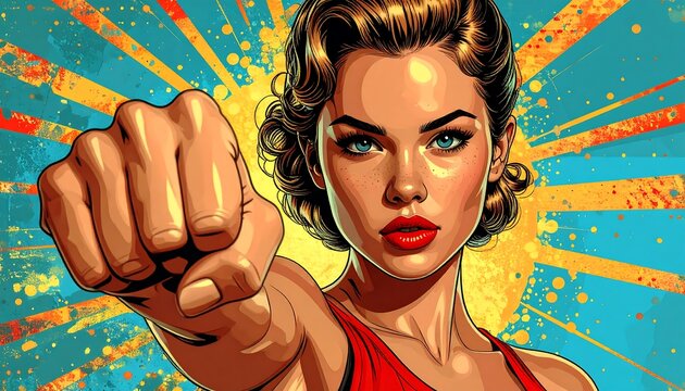 Confident woman aims a fist punch against a bright, colorful burst background in a stylized illustration