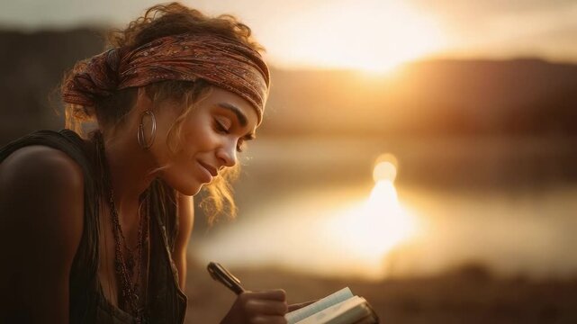A woman with a headscarf writes in a notebook beside a sunset-lit lake.