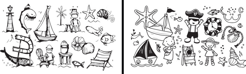 Summer beach doodle, vacation elements vector, seaside holiday artwork, tropical design drawing, leisure scene illustration, sea beach sketch, summer holiday decor, travel vacation symbols, ocean life