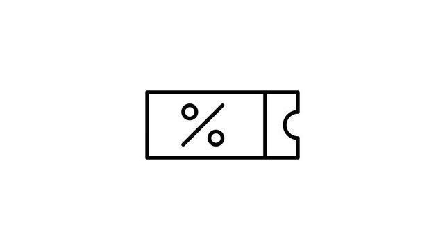 Black and white outline illustration of a ticket, featuring a rectangular shape with perforated edges.