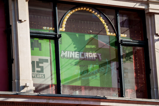 LONDON, UK. 16th  February 2025. Minecraft logo on store London city.  Minecraft is a sandbox game developed and published by Mojang Studios.