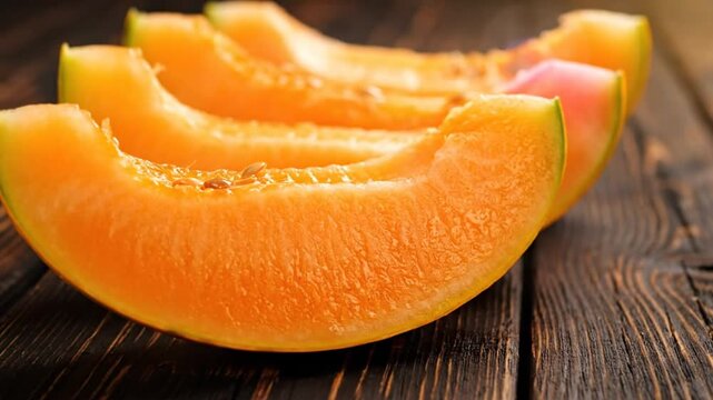 Close up view of fresh cantaloupe slices in a row on a rustic wooden surface for healthy eating
