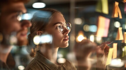Team members brainstorm ideas on sticky notes in a bright office setting during the evening hours
