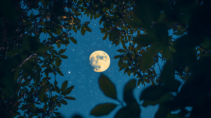 A full moon breaks through dark tree branches against a starry sky—an atmospheric nightscape for backgrounds, covers, and mysterious compositions