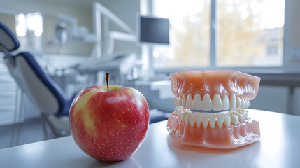 A model of a jaw with even white teeth next to a juicy apple against a dentist's office background—a visual medical concept for health, hygiene, and dental care