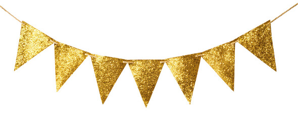 Golden glitter bunting banner with seven triangular flags for celebration isolated on transparent background