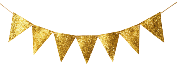 Golden glitter bunting banner with seven triangular flags for celebration isolated on transparent background