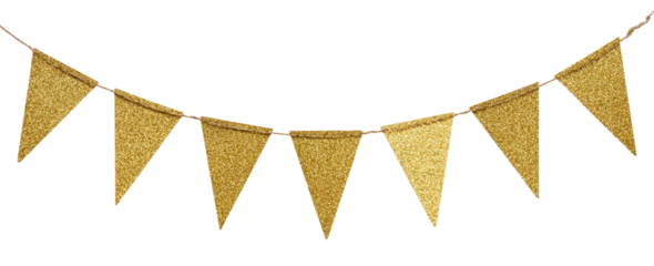 Golden glitter party bunting banner with eight triangular pennant flags isolated on transparent background