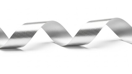 A close-up shot of a silver ribbon curled into a wave pattern on a white background.