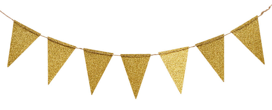 Golden glitter party bunting banner with eight triangular pennant flags isolated on transparent background