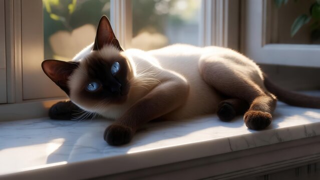 Siamese cat, lounging on a sunlit windowsill, gazing at the viewer with bright blue eyes - Powered by Adobe