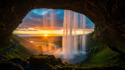 View from inside a mossy cave looking out at a powerful waterfall during a vibrant golden sunset