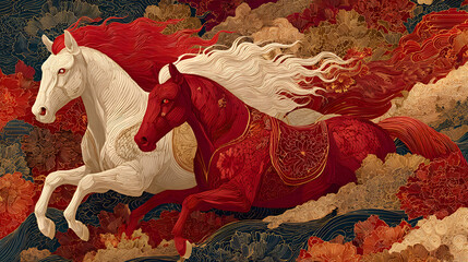 A festive chinese new year 2026 greeting card featuring ornate red and gold horses surrounded by clouds and floral designs, celebrating the year of the horse