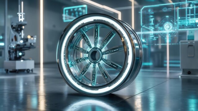 A futuristic, glowing car wheel in a high-tech workshop. Blue UI graphics surround it