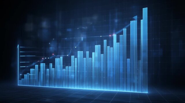 Abstract blue glowing bar graph showing business growth and financial success on a digital dark background, representing data visualization, technology, and economic progress