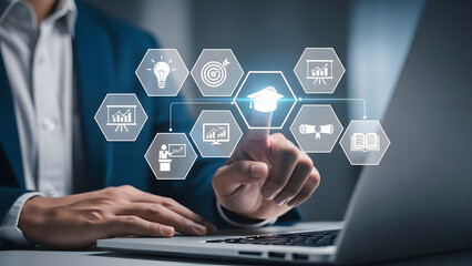 Business technology network icons on futuristic interface