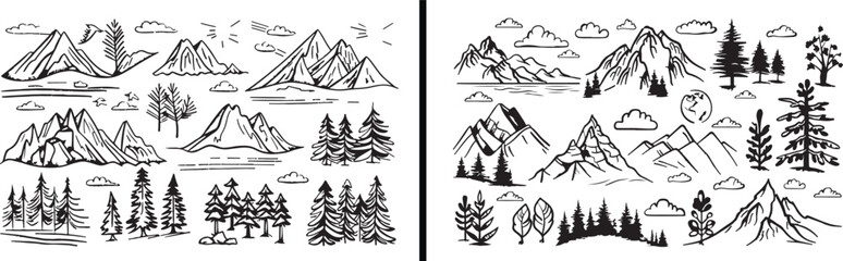 Fototapeta premium Mountain landscape sketch, mountain drawing vector, nature landscape art, hiking adventure illustration, mountain range scenery, alpine travel artwork, outdoor nature design, forest mountain pattern, 