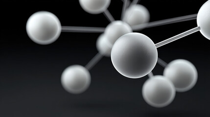 White sphere molecule structure abstract science background, minimal cluster nodes floating on black, modern technology concept