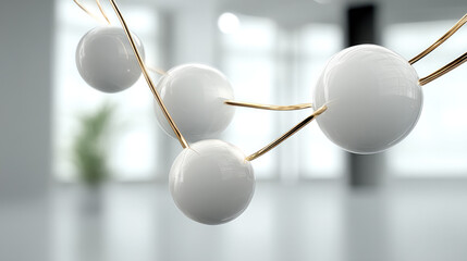 White sphere, gold wire, minimal abstract cluster, floating in bright modern interior, futuristic and clean atmosphere