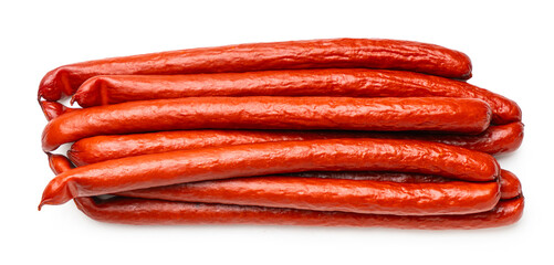 smoked sausages close-up on a white isolated background