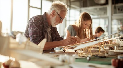 Elderly man and young woman build model airplanes in a workshop during late afternoon light