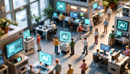 Miniature office scene with people working around glowing “AI” screens, technology and teamwork concept