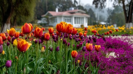 A breathtaking display of colorful tulips and various flowers creates a vibrant palette against the backdrop of a quaint house. The soft mist adds an enchanting touch to this serene landscape