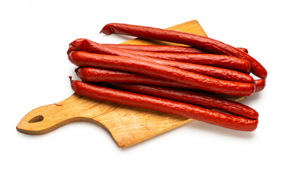 smoked sausages close-up on a white isolated background
