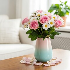 Pink roses and daisies in a striking color-block vase, emphasizing modern home comfort and natural beauty