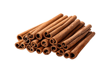 pile of aromatic cinnamon sticks arranged on a clean white background, showcasing their warm color and natural texture—perfect for culinary, natural ingredient, and herbal-themed designs