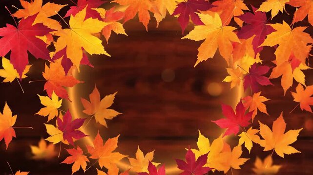 Vibrant Fall Maple Leaf Pattern on Rustic Wooden Background for Autumn Seasonal Design