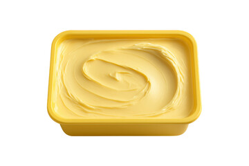 Smooth creamy margarine in a yellow container, isolated on a clean white background. Ideal for food packaging, cooking ingredients, and advertising design.