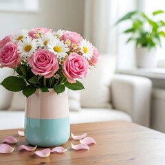 Elegant centerpiece of pink roses and white flowers with petals on a wooden surface, suggesting a thoughtful gift