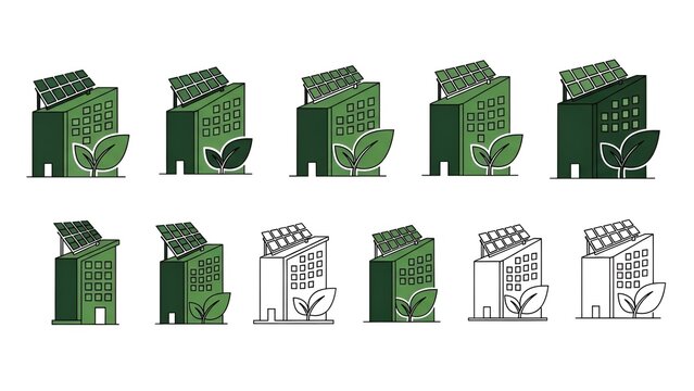 Collection of green building icons featuring solar panels and leaf motifs representing sustainable architecture and renewable energy solutions - Powered by Adobe