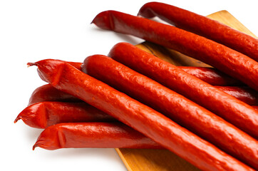 Smoked sausages close-up, food background