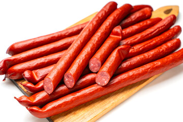 Smoked sausages close-up, food background