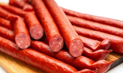 Smoked sausages close-up, food background