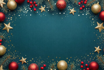Festive Christmas border background with red baubles and gold stars on a teal background with copy space.